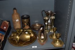 A mixed lot of brass and similar, including candlesticks, platter, incised chocolate pot etc, also