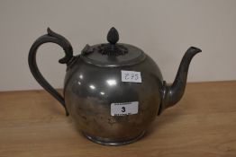 An antique James Dixon & Sons, Sheffield, pewter teapot, of simple form with fancy moulded finial to