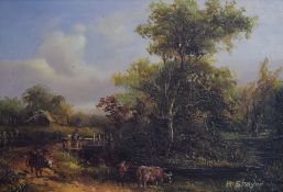 After Henry Shayer (19th Century, British), oleograph, A pastoral landscape depicting cattle by a