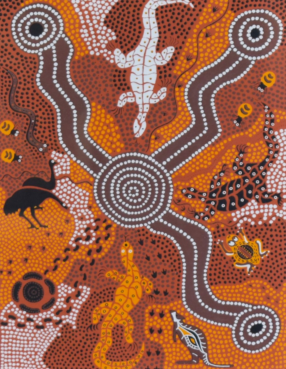 After Linda Brown Nabanunga (Australian Aboriginal), coloured print, 'Water Hole Dreaming', dotwork,