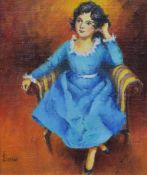 Irene Shaw (20th Century, British), an oil on board, 'Girl In Blue Velvet Dress', signed lower