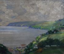 20th Century, British, an oil on canvas, A coastal landscape depicting rolling green hills to one