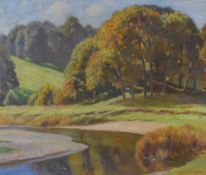 William Hartley Waddington (1883-1961), oil on canvas, A meandering river with green fields and