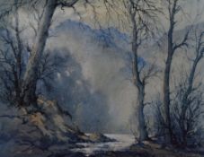Robert Leslie Howey (1900-1981, British), watercolour, A moody woodland landscape with hills beyond,