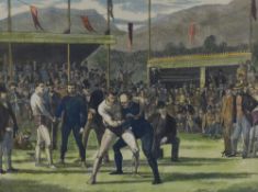 After Basil Bradley (1842-1904), coloured print, 'Westmoreland Sports - Heavy Wrestling,
