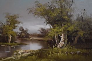 Artist Unknown (20th Century), acrylic on canvas, A woodland landscape with river, signed to the