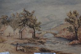 19th Century, British School, a watercolour, A rural landscape depicting farm buildings beside a