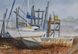 Pamela Bennett (20th Century, British), watercolour, Two boats moored within an estuary or river