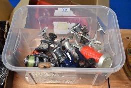 A box containing 8 spinning reels including a coca cola can reel, Grauvell & shakespeare