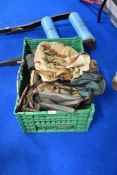 A crate containing 2 sets of waders size 8 & 9 a Shakespeare canvas fishing bag with liner, stool,