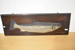A PAINTED WOODEN HALF BLOCK TROPHY FISH MODEL OF A SEA TROUT IN THE STYLE OF ARTHUR H. RAIKES,