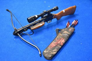 A 150lb crossbow with Walther 6 x 42 scope quiver and carbon bolts