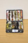 A pocket box of fishing flies containing approximately 365 flies. Hare Lug, Fry, Mixed nymph,