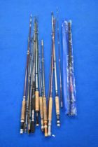 A selection of 8 vintage spinning and fly fishing rods including Allcocks and Milbro