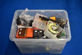 A crate of assorted fishing tackle including weights, floats, Line Lures and flies in pocket boxes