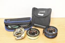 3 fly fishing reels A Daiwa wilderness 300 with spare spool, A Sougayilang 5/6 and a Shakespeare #