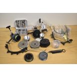 A mixed selection of vintage spinning reels, Flies and fishing tackle