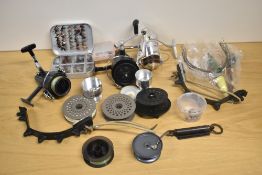 A mixed selection of vintage spinning reels, Flies and fishing tackle