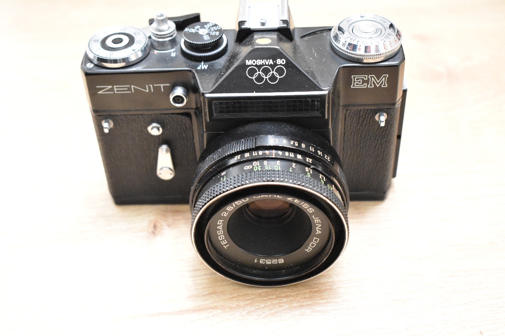 Three cameras and lenses. A Zenit EM Moshva 80 Olympic with Carl Zeiss Jana Tessar 2,8/50 lens, A - Image 2 of 6