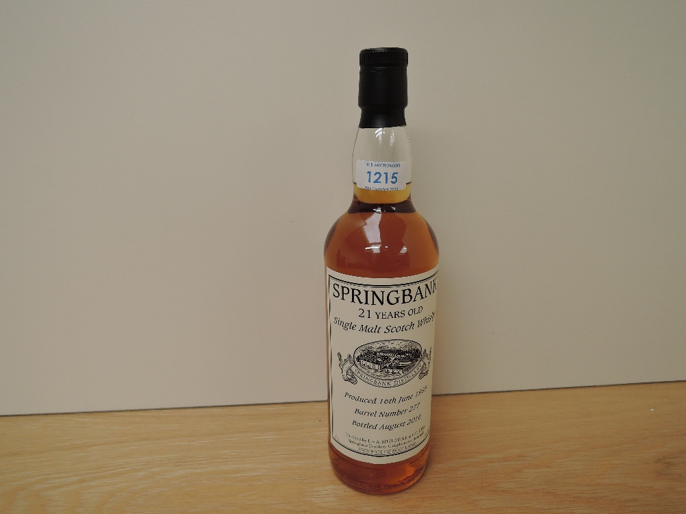 A bottle of Springbank 21 Year Old Single Malt Scotch Whisky, produced 16th June 1995, bottled