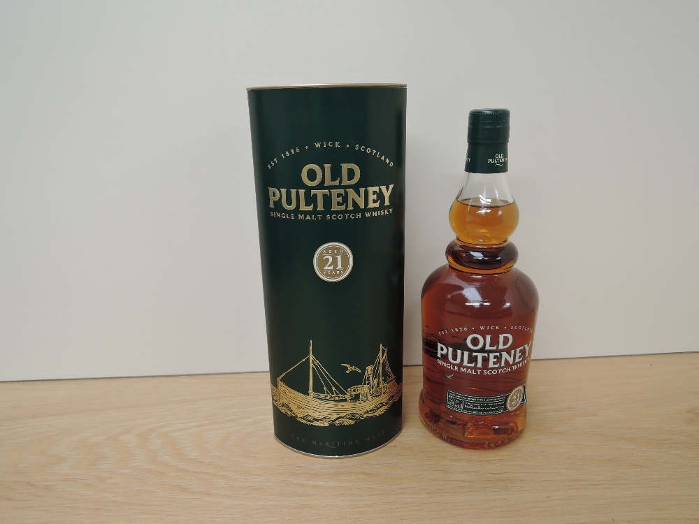 A bottle of Old Pulteney 21 Year Old Single Malt Scotch Whisky, discontinued in 2017, 46% vol, 70cl,