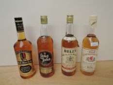 Four bottles of Scotch Blended Whisky, Red Hackle 26 2/3fl 70 proof, Long John 75cl 40% vol, Bell'