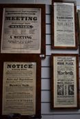 Two theatre advertisements together with two notices all in walnut picture frames.
