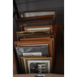 A carton of assorted picture and picture frames including some carved.