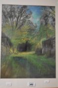 20th Century British School, a pastel, An avenue of trees underneath a blue sky, framed, mounted,