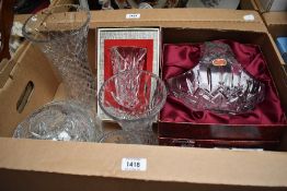 A carton of crystal and cut glass items including rose bowl, vases and dish, an cranberry art