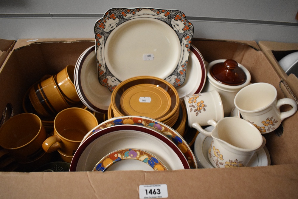 A 1970's style dinner service in mustard with brown banding (29 pieces approx), a Biltons part tea