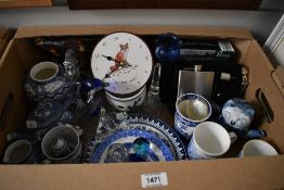 A small selection of blue and white ware including plates, mugs and vase etc, two glass animal