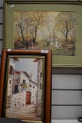 A 20th Century oil on canvas of a continental scene and a Helen Bradley print.