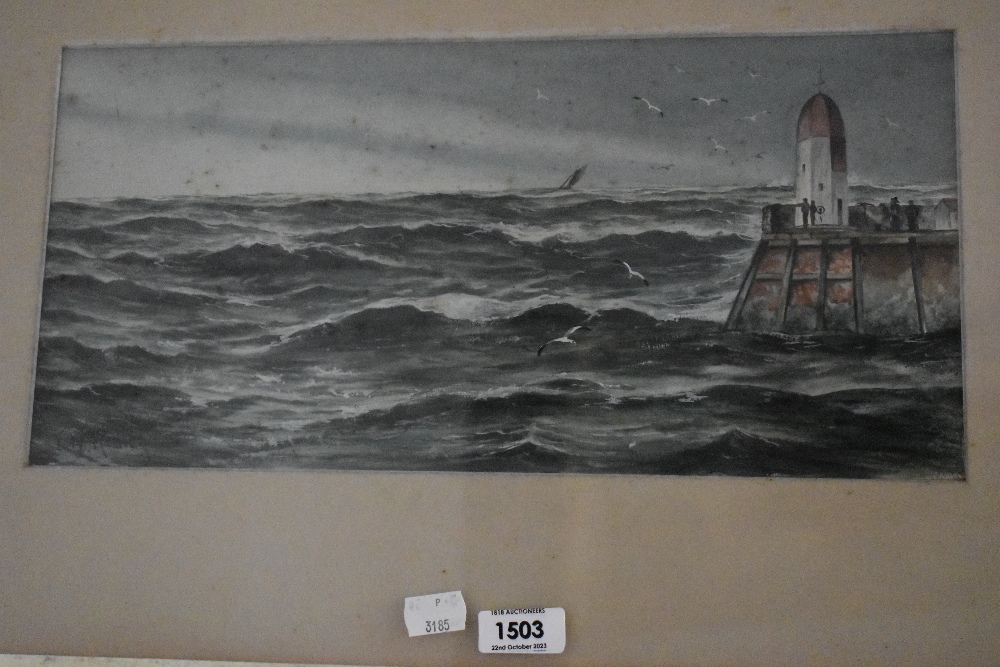 F.W. Ridley (20th Century), gouache, A lively seascape with lighthouse to the right, signed to the