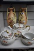 A pair of urn style vases having floral decoration of beige ground and a Noritake teaset.