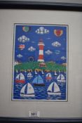 A Chas Jacobs style print of yachts and a lighthouse.