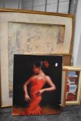 A framed print of peaches after Tom Dearden, a flemenco print and three other artworks.