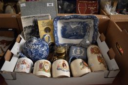 Six coronation/commemorative ware mugs, a vintage brass inkwell, a Jasperware trinket box and