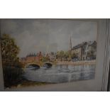 A watercolour after Cyril Pilgrim depicting a town river scene with swans to foreground mounted fra