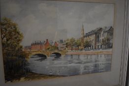 A watercolour after Cyril Pilgrim depicting a town river scene with swans to foreground mounted fra