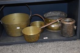 Three vintage brass pans, including jam pan, a planter and a champagne cooler.