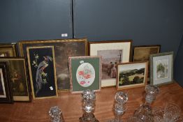 A mixed lot of framed and glazed pictures, prints, watercolours etc and a depiction of a bird