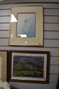 A framed photographic print of a birdseye view of Lancaster and a contemporary butterfly print