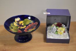 A Moorcroft pottery tube lined tazza in cobalt blue with hibiscus to centre, signed WM to base,