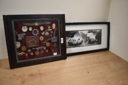 A framed selection of brooches and trinkets, sold with a framed and glazed print of two Citroen