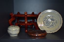 A Chinese plate, having fish decoration, AF and similarly styled lidded pot of small proportions,