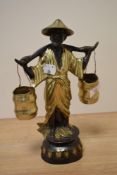 A gilded metal study of a traditionally dressed Chinese figure, carrying two pails.