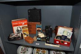 A collection of vintage cameras and equipment, to include a JB Ensign box camera, a Sportslite flash