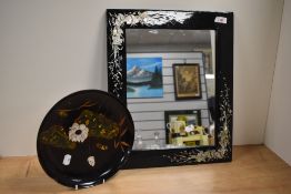 A Chinese mother of pearl black lacquered mirror, measuring 37cm x 44cm, and a Cloisonne style