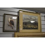 A vintage photographic print 'the Ngong hills' and a print of an African fish eagle.